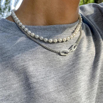 Retro Creative Geometric Design Imitation Pearl Necklace Personality Hip Hop Style Men and Women Same Jewelry Accessories Gift