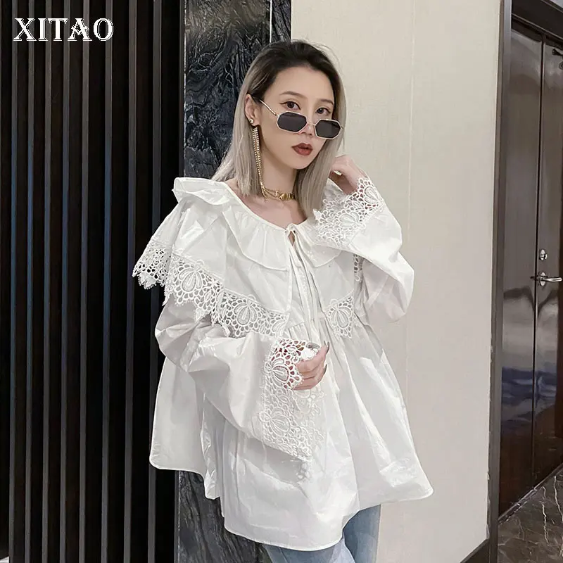 XITAO белая кружевная блузка с рюшами женская Свободная рубашка на шнурке длинным
