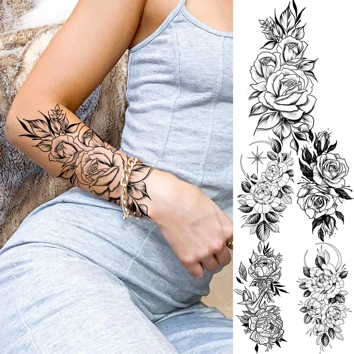 

Realistic Rose Flower Temporary Tattoos For Women Adult Peony Moon Anchor Fake Tattoo Waterproof Body Art Decoration Tatoo Paper
