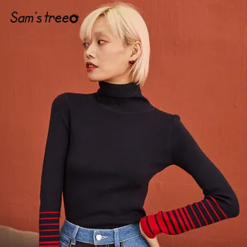 

SAM'S TREE Navy Striped Patchwork Knit Pullovers Women Sweaters 2019 Winter Colorblock Skinny Casual Office Ladies Basics Top