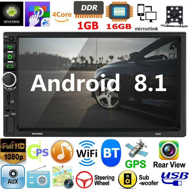 

2 Din Android 8.1 Car Stereo 7 Inch GPS Navi MP5 Player Double WiFi Quad Core BT with Camera,7918