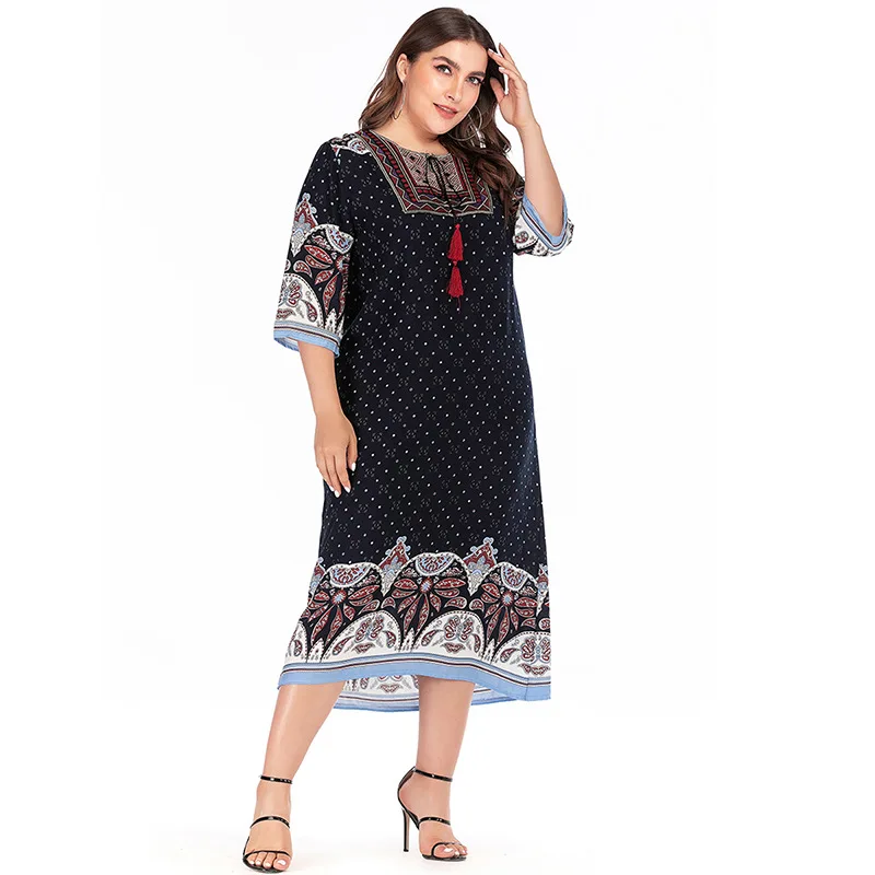 

Women's Large Size Dress Summer Embroidered Collar Three-quarter-length Sleeve Polka Dot Printed Loose-Fit Long Skirts Beach Ski