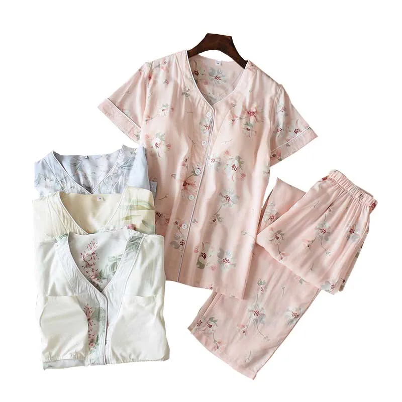 Summer New Women Cotton Satin Pyjama Set Floral Printed Sleepwear