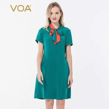

Voa 40MM Heavyweight Silk Short Sleeve Orange Stitching Pearl Button Linear Waist Hugging A- line Dress AE59