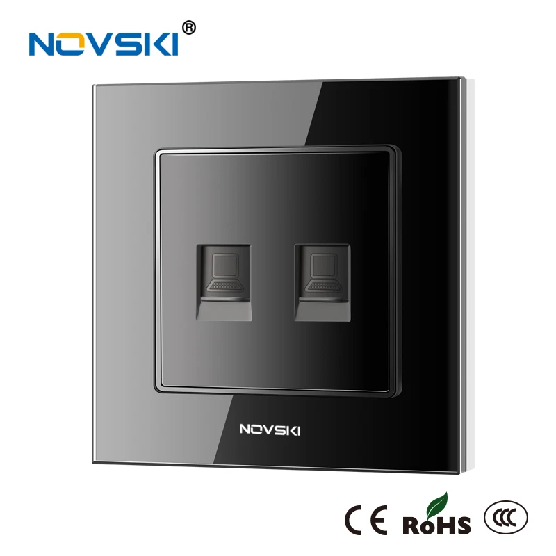 Bright Black NOVSKI двойной Rj45 Cat 6 10 Гбит/с интернет-разъем для передачи данных разъем Ethernet Кристалл Закаленное стекло панель компьютерная розетка 86*86 мм - Тип: Bright Black
