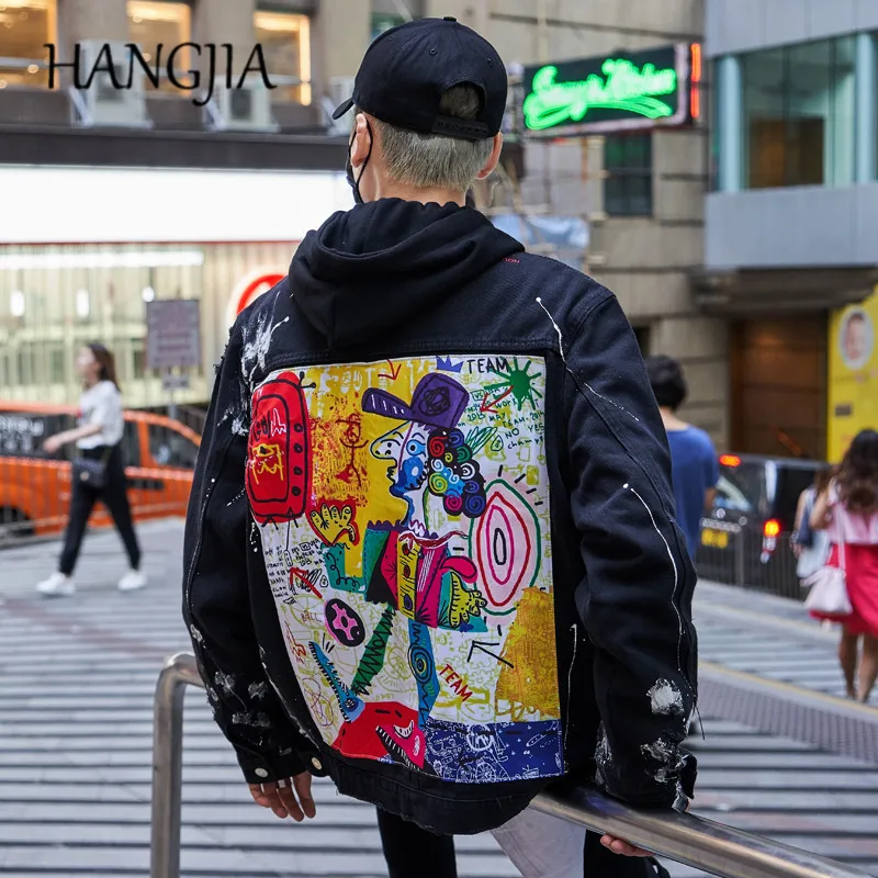 

Streetwear Mens Jeans Jacket Splash Ink Graffiti Denim Jacket Punk Letters Embroidery Denim Jacket for Men Hip Hop Denim Outwear