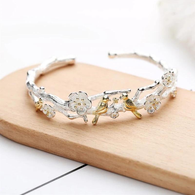 Gold Bird Bangles Jewelry 925 Sterling Silver Cuff Bangles Women Accessories Srebrna Bransoletka