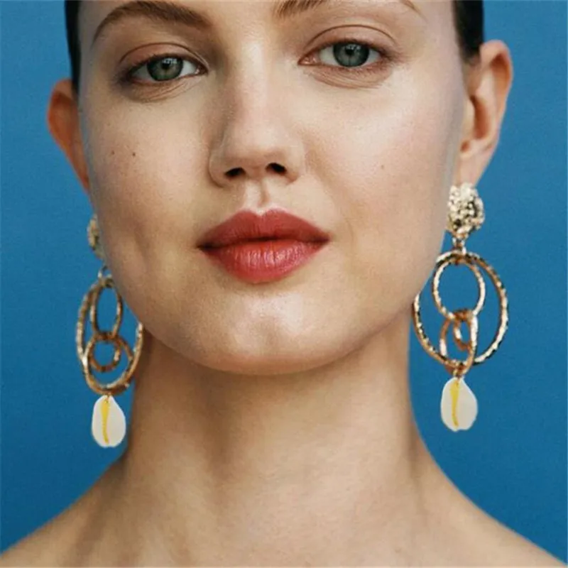 

New Boho Shell Round Earrings Women Gold Color Big Circle Earrings Korean Jewelry Brincos Statement Earrings
