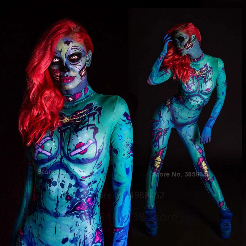 Halloween Costumes for Women Scary Vampire Cosplay Jumpsuit Women Horror Skeleton Fancy Bodysuit Carnival Party Flexible Outfit