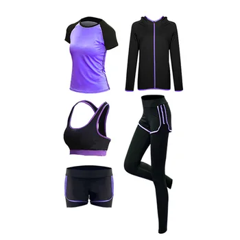 

2020 New Fitness Set Women Seamless 5Pcs Yoga Set Clothing Gym Sports Suits High Waist Running Leggings Workout Pants Shirts