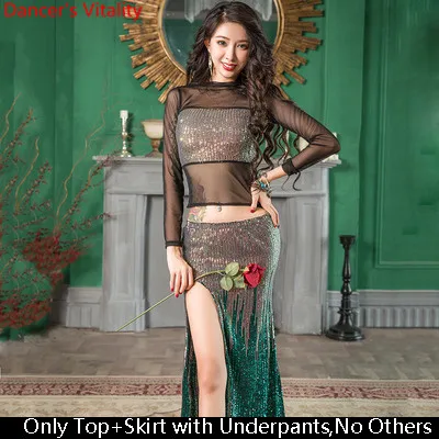 Top Skirt as Photo Одежда для танца живота, женская одежда с пайетками, с вырезами, топ, сексуальная Длинная юбка, набор для восточных индийских танцев, костюм для выступлений - Цвет: Top Skirt as Photo