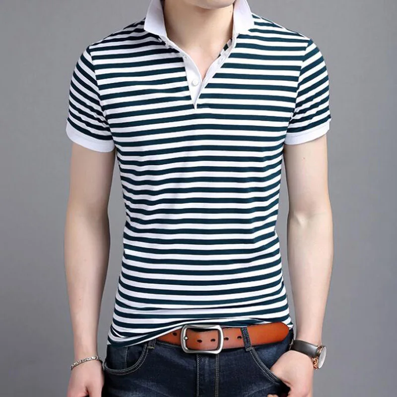Полосатая футболка мужская модная летняя хлопковая футболка с коротким рукавом мужские модные корейские облегающие дышащие белые полосатые футболки - Цвет: 6881 blue striped
