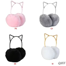 Зимние Утепленные плюшевые наушники для женщин и девочек, милые стразы, кошачьи ушки, повязка на голову, эластичные уши, теплые, для дня рождения, косплей, вечерние головные уборы