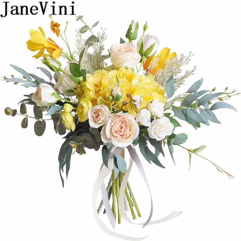 JaneVini 2019 Yellow Flowers Wedding Bouquets Artificial Rose Hydrangea Bridal Silk Flower Bouquet Blue Bride Holder Ramos Novia