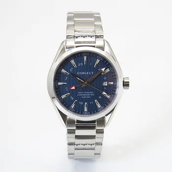 

Corgeut 41mm luxury Aqua Terra Blue Dial Mens wrist watch Automatic Mechanical Sapphire Glass GMT Date Male clock 316L SS case