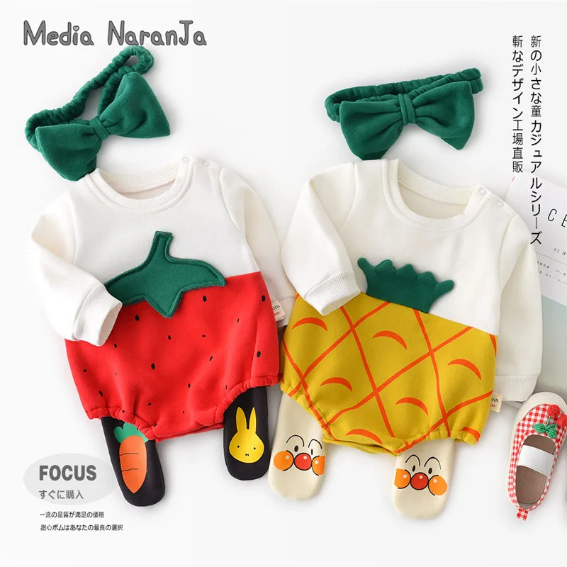 

2019 fall infant warm 3D strawberry pineapple long-sleeved jumpsuit with hair band baby halloween costume fruit outfits