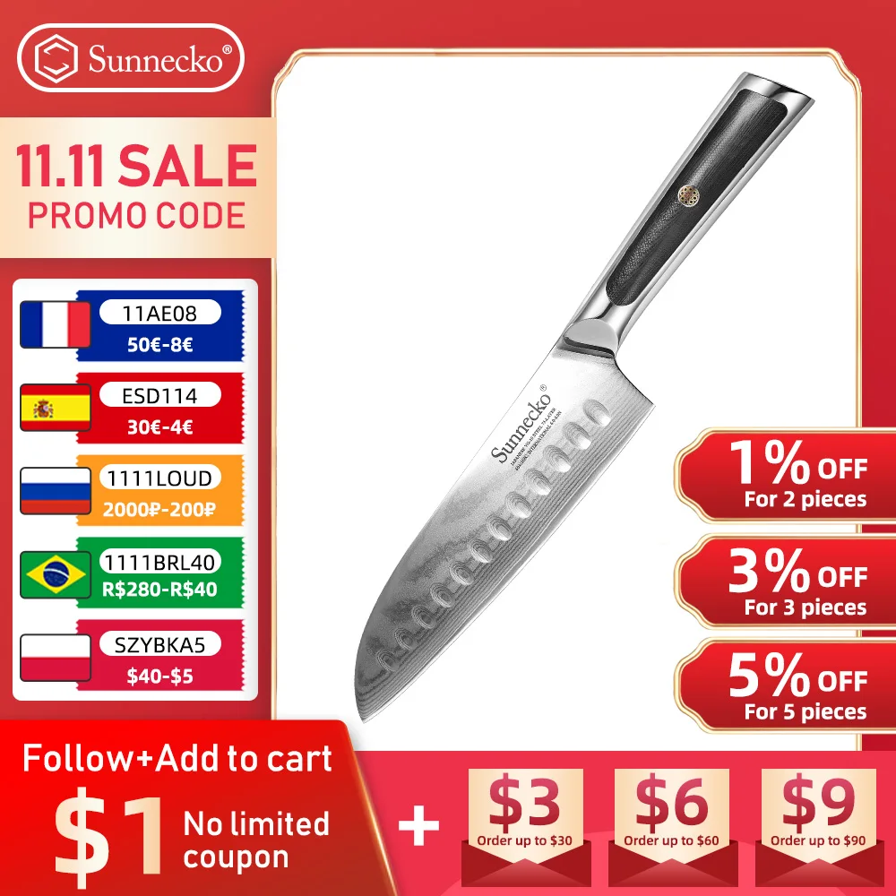 SUNNECKO 7" Damascus Santoku Knife Japanese VG10 Core Steel Blade Razor Sharp Kitchen Knives G10 Handle Vegetable Meat Slicer | Дом и сад