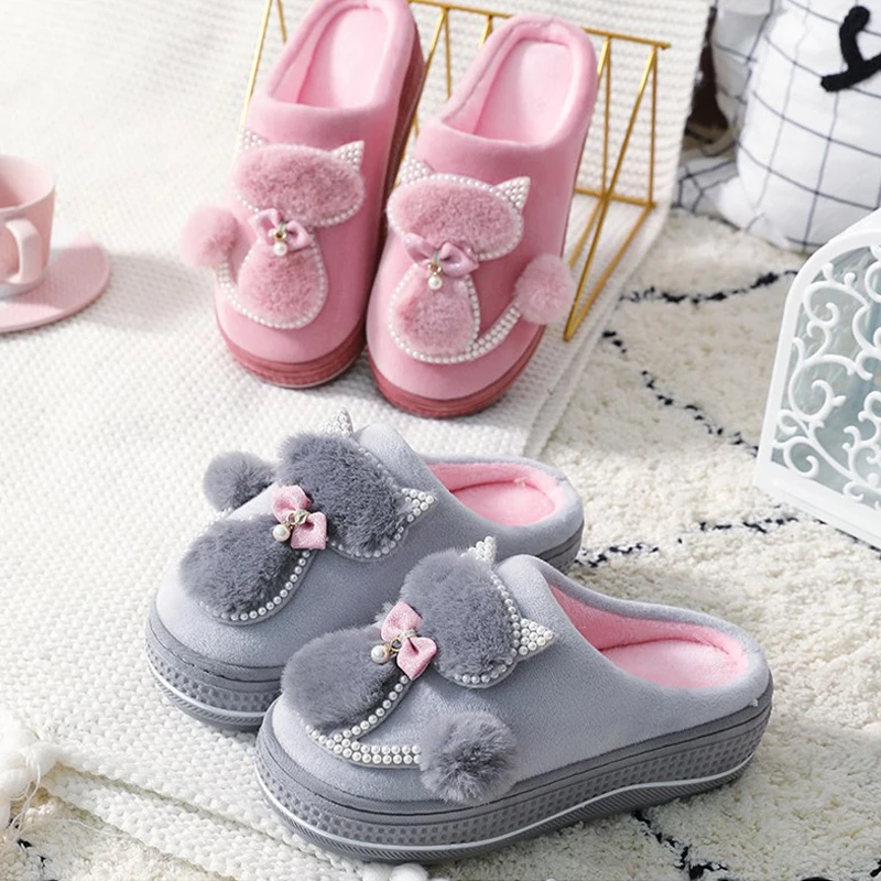 Женские зимние домашние хлопковые теплые плюшевые тапочки женская обувь с милым