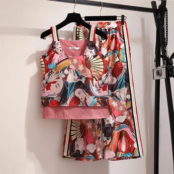

Oversize Printing Vest Wide Leg Pants Suits Women Chiffon Sleeveless Patchwork Summer Two Pieces Set Female Plus Size Pansuits