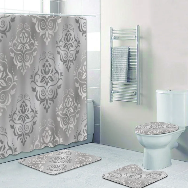Tenda Da Doccia Damascata Barocca Grigio E Bianca | Antimuffa, 240x200 Cm | Con Occhielli Metallici | Per Bagni Umidi - 4