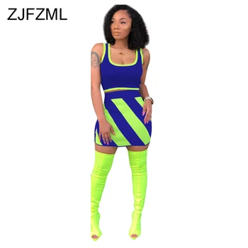 

Stripes Sexy Two Piece Skirt Set Summer Clothes Women for Sleeveless Open Back Tank Top + Mini Pencil Skirts Neon Club Outfits