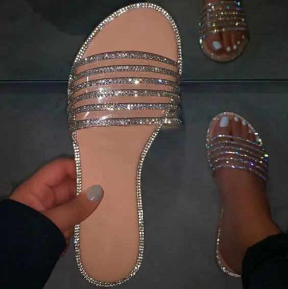 

Spring/summer New Women 2020 Rhinestone Flat Casual Slippers Outdoor Wild Sandals Home Durable PVC Beach Flip Flop Lady