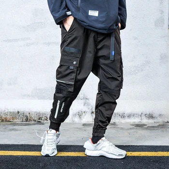 

2020 Streetwear Pencil Pants Men Jogger Tactics Sweatpants Black Ribbon Multi-pocket Elastic Waist Military Pants Male AZ223