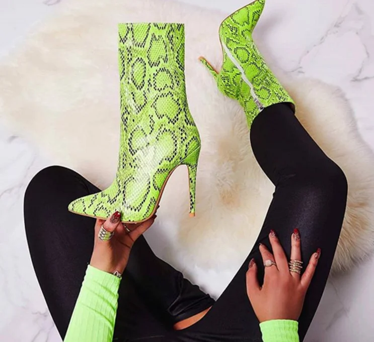 Meilikelin2020 Women High Heels Boots Fetish Stripper Green Serpentine Zip Stiletto Ankle Autumn Snake Print Shoes | Обувь