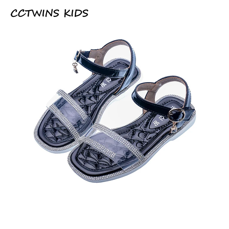 Cctwin-chaussures d'été pour enfants | Sandales de marque, avec des strass, plates, mode princesse, noires, PS881, 2020