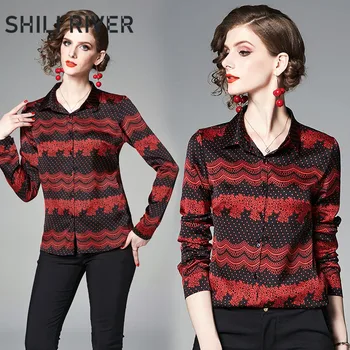 

2020 new spring autumn fashion designer tops for women long sleeve blouse slim casual print stripe retro elegant lapel shirt red