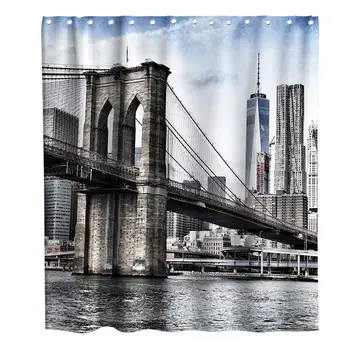 

Grey Highway Bridge Over The Ocean Fabric Shower Curtain Sets Bathroom New York City Town Decor with 12 Hooks Waterproof