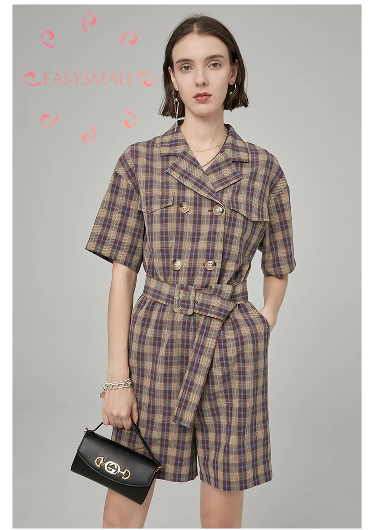 EASYSMALL Для женщин платье Модные фиолетовые проверить high-end Вечерние вечернее двубортное пальто в клетку уличная высокое комбинезоны с талией