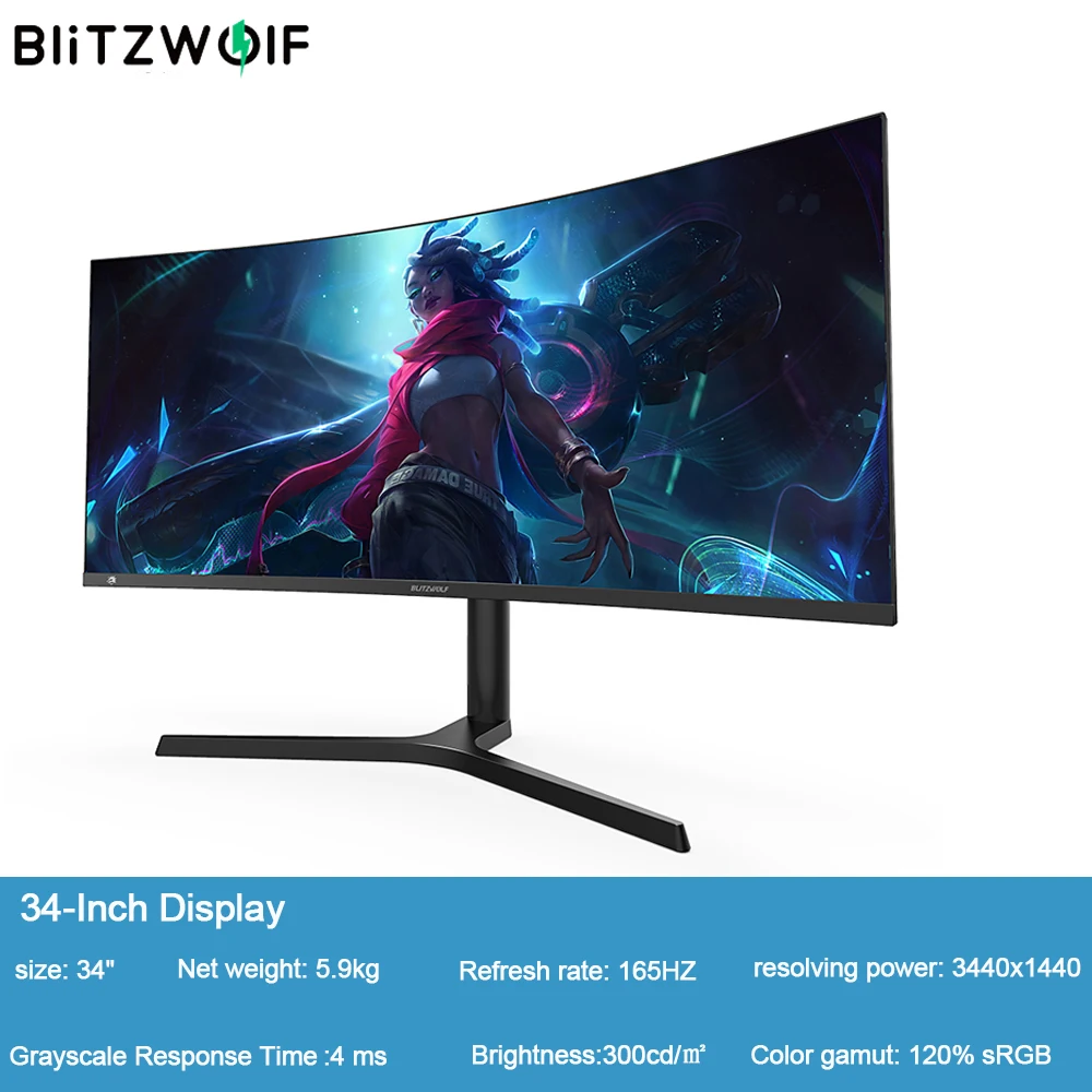 BlitzWolf BW-GM3 34 inch Curved Gaming Monitor 165Hz 4K HD WQHD 3440x1440 300cd/ 1500R Curvature 120% sRGB Color | Компьютеры и офис