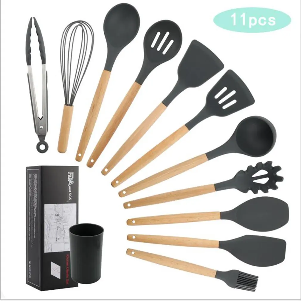 

Silicone kitchenware with wooden handle Cooking Tool Home Wooden Handle Cooking Kitchen Non-stick Tool