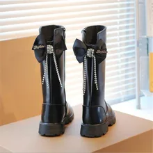 

2021 winter new Sweet Rhinestone Back Bow-knot girls' Princess boots Children's Fashion PU High Boots Wamr Student Martin Boots