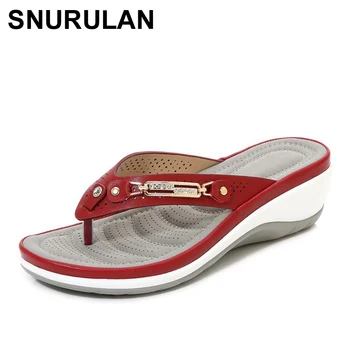 

SNURULAN 2020 new summer women slippers metal button slides shoes Wedge beach sandals women outside platform Leisure flip flop