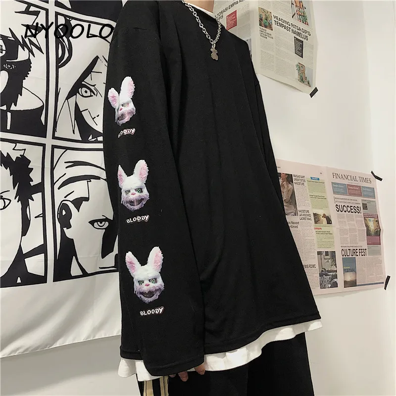 NYOOLO Harajuku уличная свободная футболка с принтом кровавых кроликов, осенняя футболка с длинным рукавом и круглым вырезом, пуловеры, футболка для женщин и мужчин
