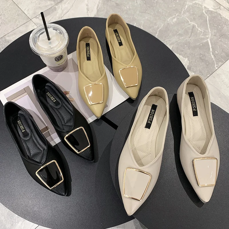 

New Best-selling Women Pointed Toe Single Shoes Elegant Buckle Asakuchi Design Office Lady Black Flat Heel Shoes Woman Shoes