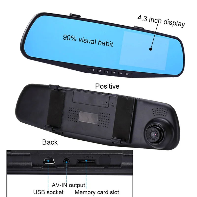 4,3 ''Full HD 1080P двойной объектив Автомобильный видеорегистратор зеркало видеорегистратор авто рекордер зеркало заднего вида ночное видение камера заднего вида циклическая запись