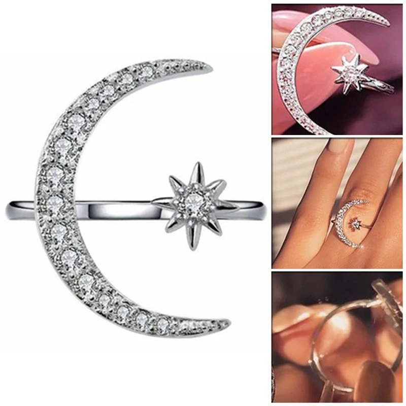 

New Fashion Ring Moon & Star Dazzling Open Finger Ring For Women Girls Jewelry Pure Wedding Engagement Jewelry Gifts