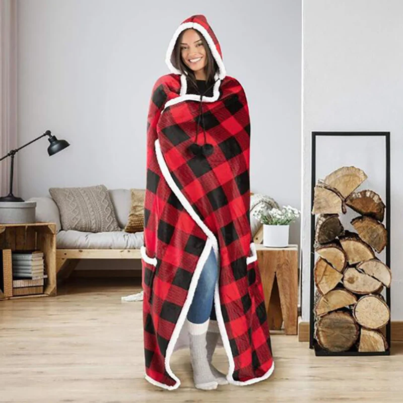 

Plaid Thickened Fleece Blanket Cloak Winter Soft Warm Weighted Blanket Hoodie Plush Lazy Long Wearable TV Blanket Sweatshirt