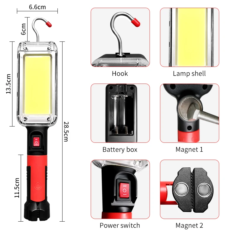 USB recarregável COB luz de trabalho, lanterna