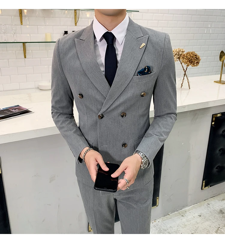 Двубортные мужские костюмы комплект Slim Fit деловой формальный мужской джентльмен свадебные костюмы смокинг джентльмена комплект из 3 предметов