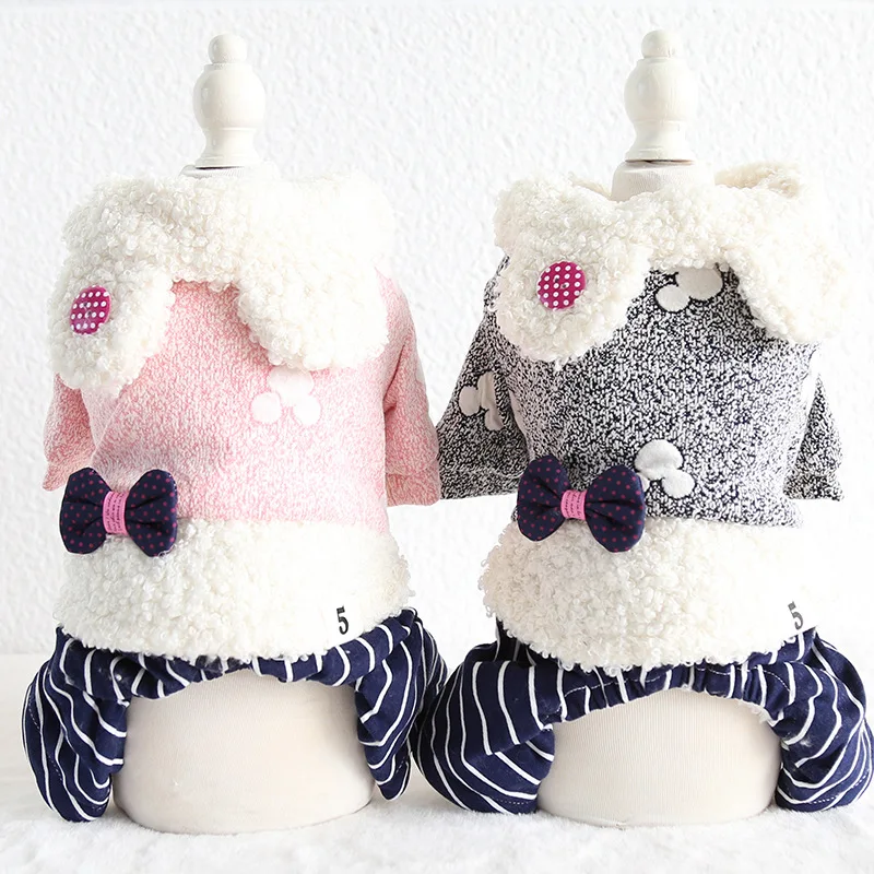 

Winter Newest Rabbit Decor Striped Design Trousers Four-legged Warm Dog Clothes Pink Grey Colors Winter Clothes for Dogs