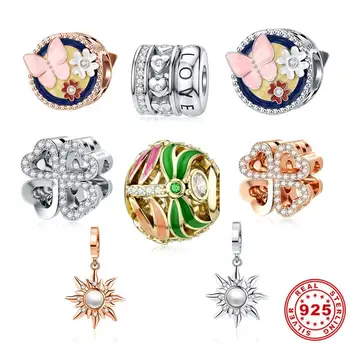 

Enamel Flower Beads 925 Sterling Silver Butterfly Clover Sun Charms Fit DIY Original Bracelet Necklace Women Fine Jewelry Making