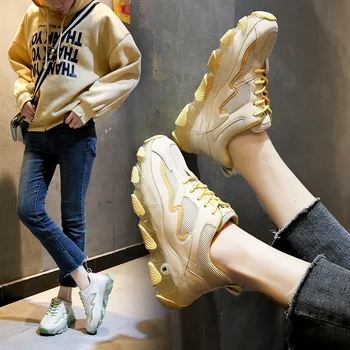 

CINESSD Shallow Mesh Casual Shoes Women Sneakers Fashion 2020 Spring Breathable Chunky Sneakers Women Shoes Med Heel Ladies Shoe