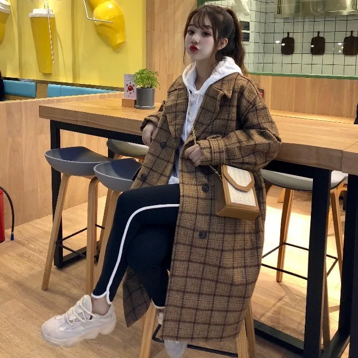 Woolen Coat Women's Long over-the-Knee Autumn And Winter Popular New Style Retro Loose Long Sleeve Plaid Coat MORI Series F