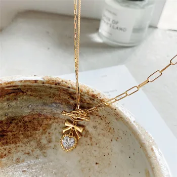 

RUIYI Real S925 Sterling Silver Women TO Buckle Necklace Girls Exquisite Asymmetric Design Large Zircon Pendant Heart Necklace