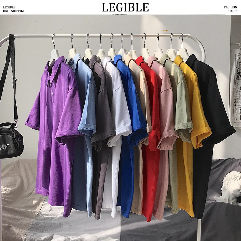 

LEGIBLE 2020 Summer Korean Polo Shirt Men Short Sleeve Casual Loose Men Polo Shirts Solid Turn Down Collar Male polo Shirt