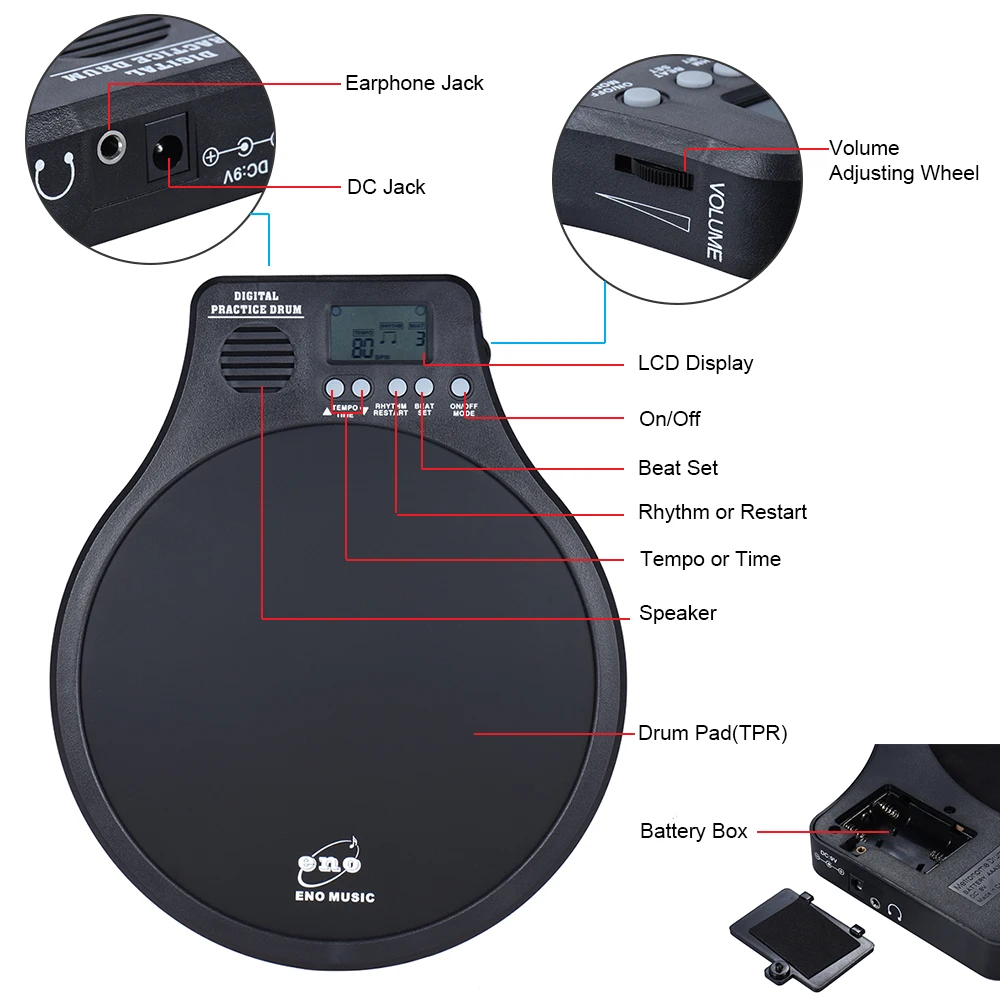 ENO Electric Digital Practice Drum Pad DEM-40 Multifunction 3 in 1 Portable Drums Drum Set Handpan Accessories Percussion